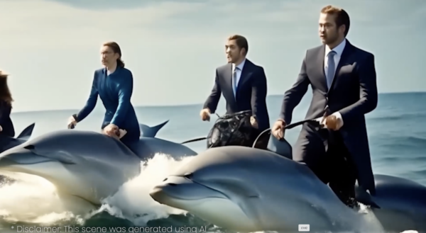 Personas vestidas con trajes montando delfines muestran cómo LuminaEdge hace que la realidad virtual sea mejor que la realidad.