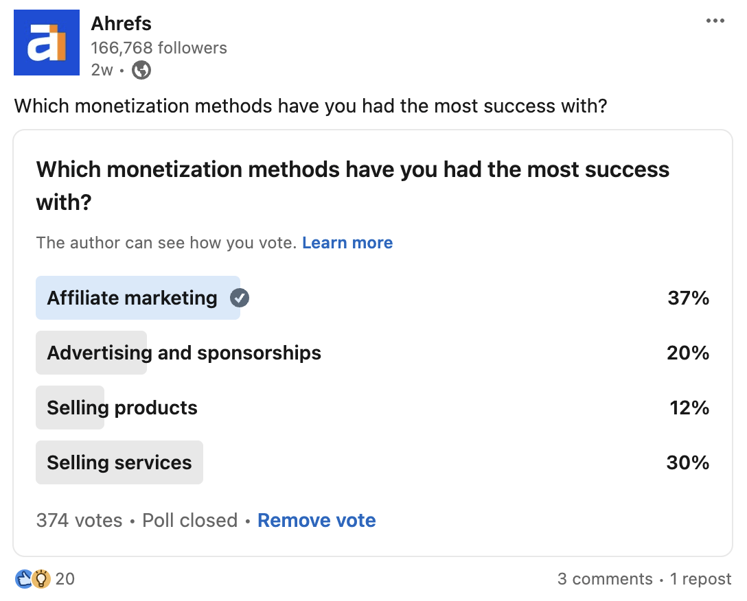 Resultados de la encuesta sobre el método de monetización