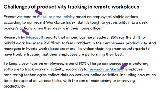 En esta captura de pantalla de un artículo con el encabezado Desafíos del seguimiento de la productividad en lugares de trabajo remotos, hay tres frases con hipervínculos: medir la productividad, Microsoft e investigación de Gartner.